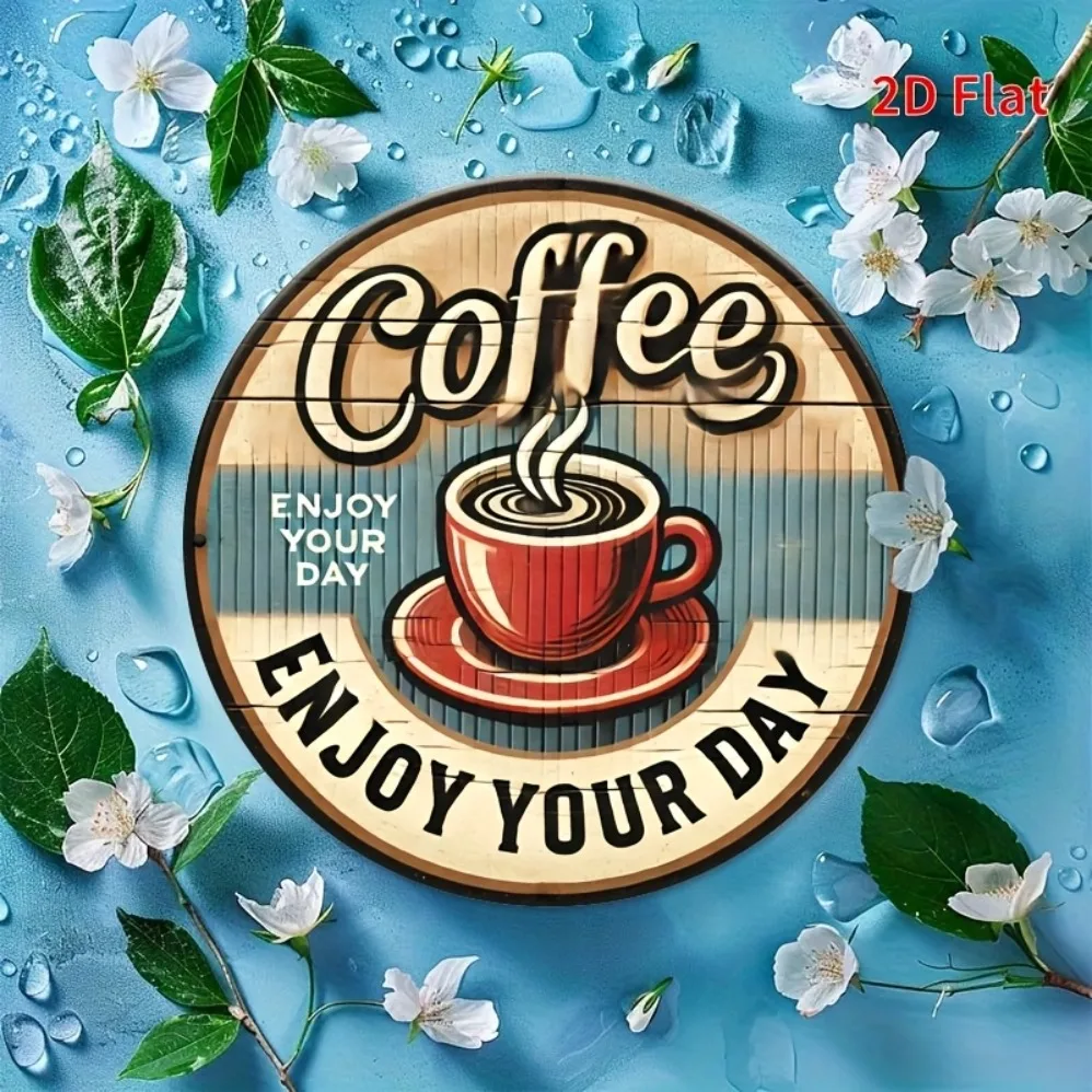 [2D Flat] 1 Stück Retro-Style 2D Flat Aluminium Round Decorative Plaque - Coffee Theme |   Rustikales Mehrzweck-Schild für die Inneneinrichtung, Wand &