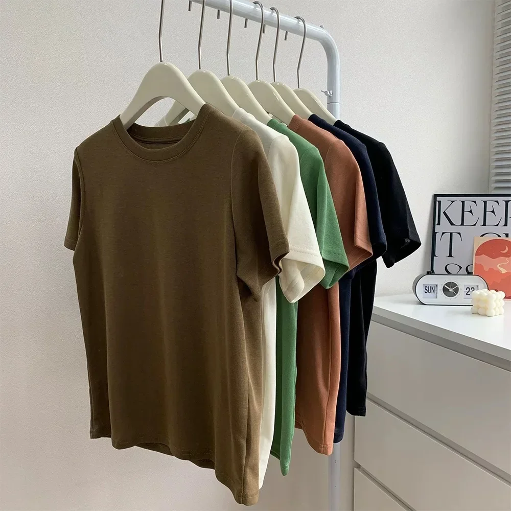 

Korean version simple solid color round neck short-sleeved T-shirt for women comfort and breathable summer casual top