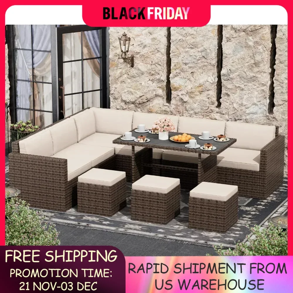 Outdoor Furniture Patio Sectional Sofa, 7 Piece Patio Furniture Set,  All Weather PE Rattan Outdoor set with Cushions and Table