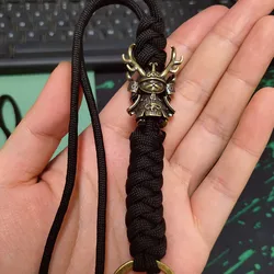 Brass Charms EDC Hand woven Lanyard Japanese Pirate Antlers Samurai Doll Beads Bag/Car/Key /Knife Lanyard Pendants Keychain
