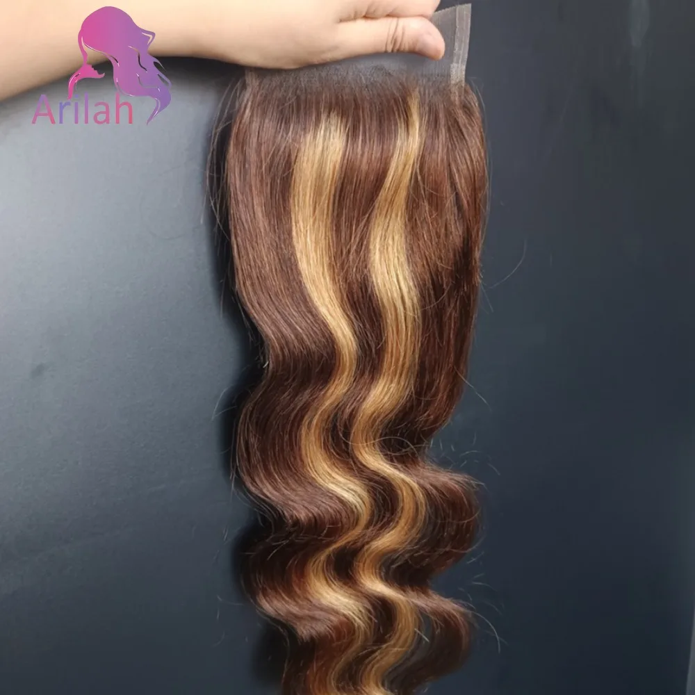 12AグレードP427 4x4レースクロージャー ハイライト ボディウェーブ 人毛クロージャー 生え際処理済み 10～22インチ ブラジリアンバージンヘア フリーパート