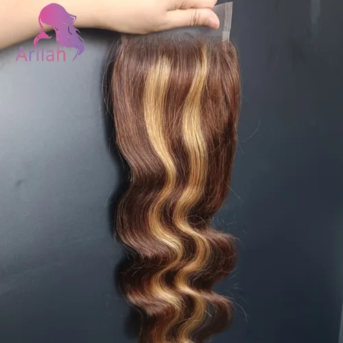 Imagen 2 del producto 12A Grado P427 4x4 Cierre de encaje Resaltado Cierre de cabello humano ondulado Pre-arrancado 10-22 pulgadas Pelo virgen brasileño Parte libre