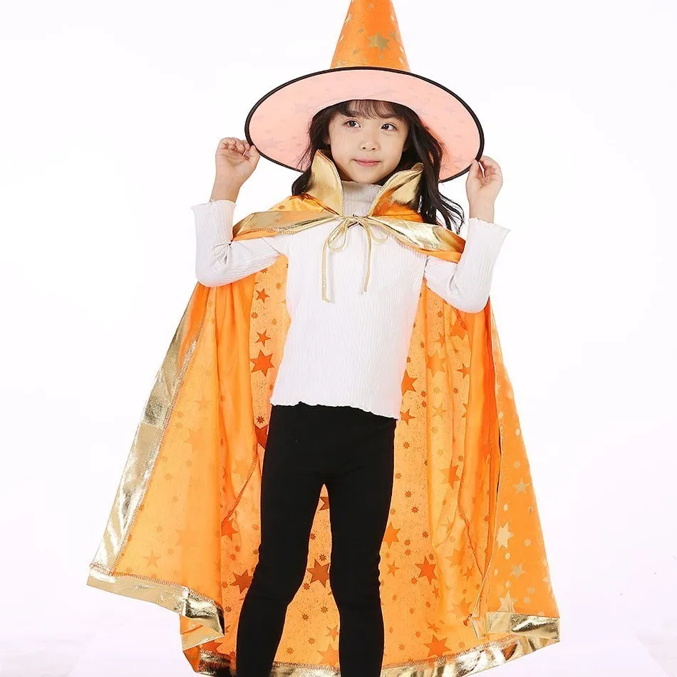 Boys Girls Halloween Outfits Kids Black Purple Orange Red Costume Children Stars Lace Up Party Cape Sparkly Cloak with Witch Hat