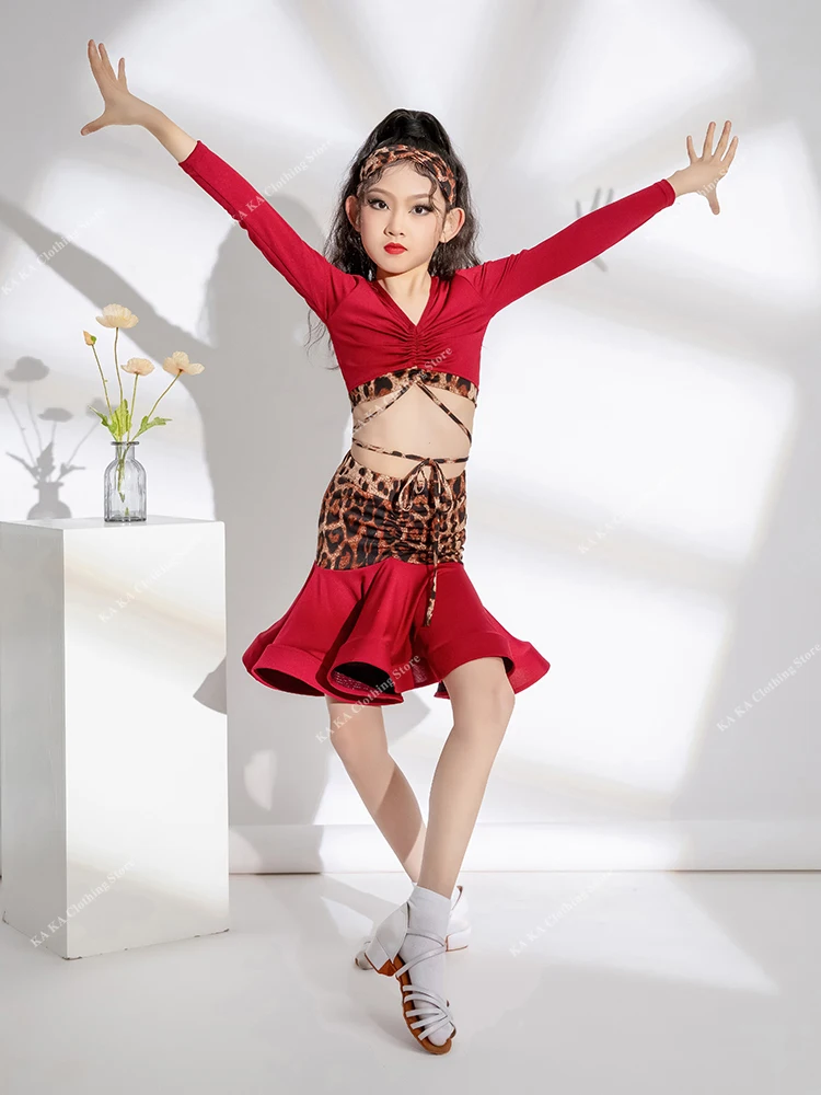 Leopard Tango Latin Dance Costume Girls Dance Dress Cha Cha Rumba Dance Skirt Girls Performance Kids Latin Practice Clothes