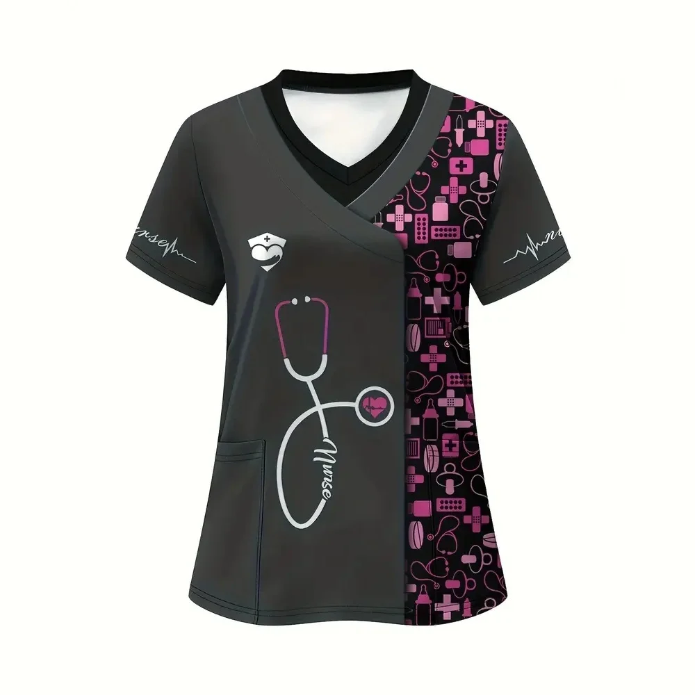 Clinical Uniform Woman Designer Cartoon Printing V-Neck Dental Scrubs Woman Summer Short Sleeves with Pockets Surgical Uniforms