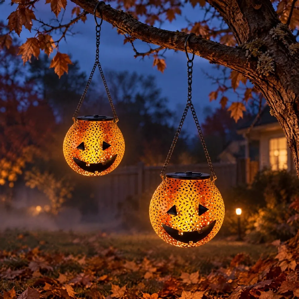 2PCS Orange Solar Pumpkin Lanterns for Halloween Outdoor Garden Yard Decoration Spooky Holiday Wrought Iron 11.5x11.5x43cm