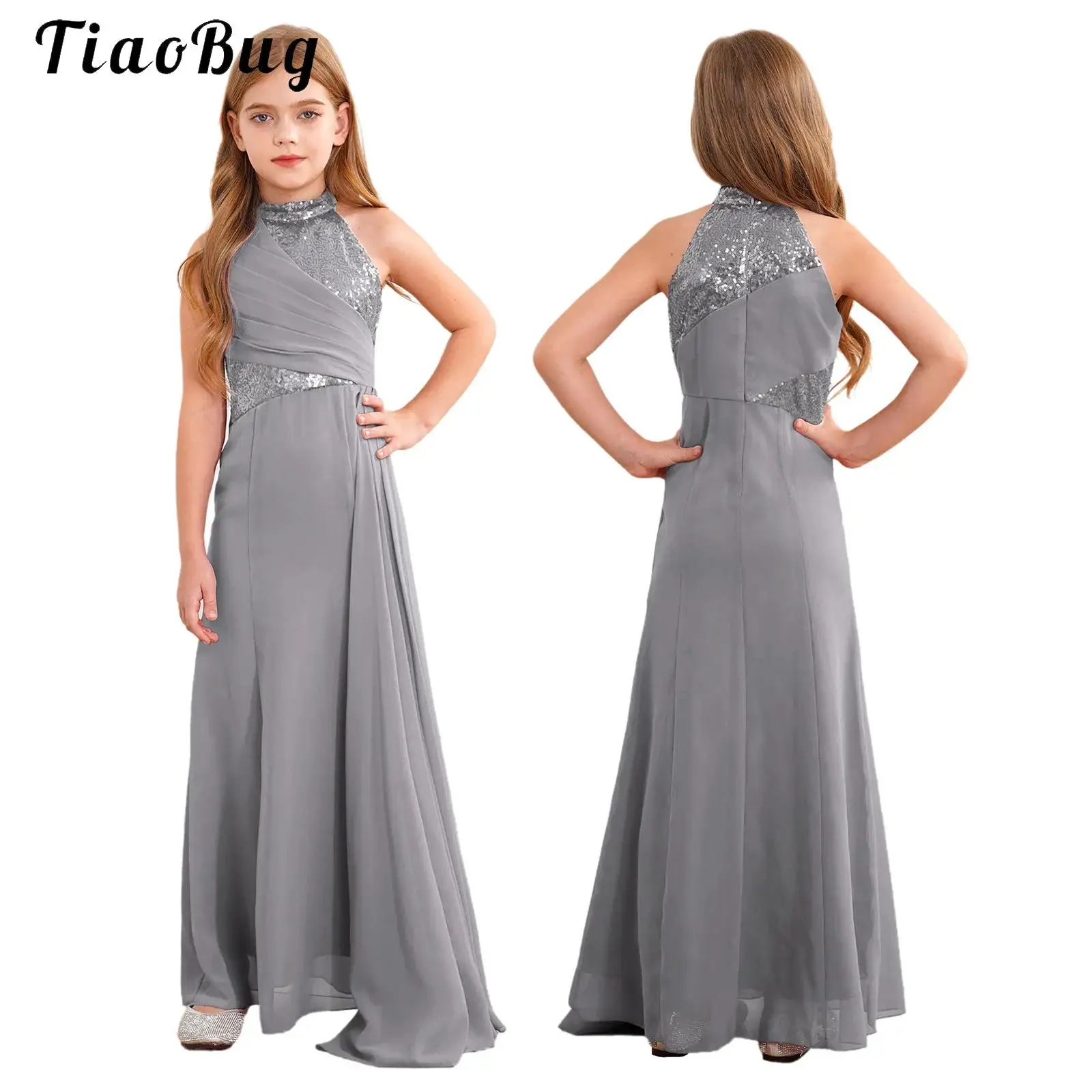 Summer Fashion Flower Girls Long Dress Wedding Birthday Party Pleat Overlay Maxi Dress Gown for Pageant Evening Birthday