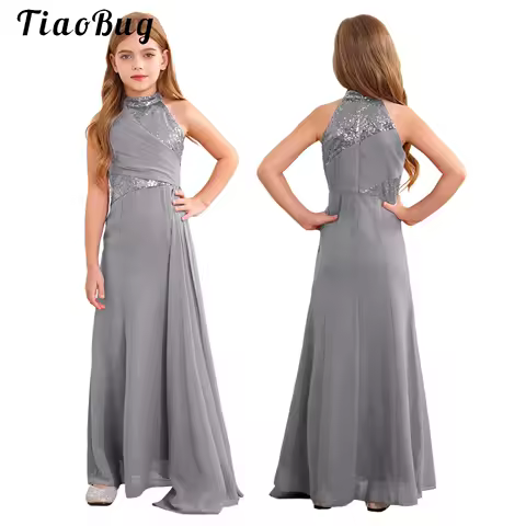 Summer Fashion Flower Girls Long Dress Wedding Birthday Party Pleat Overlay Maxi Dress Gown for Pageant Evening Birthday