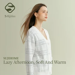 SUJIIN Women 2 Piece Outfits Pajamas Set Autumn Winter Casual Sleepwear Woman Cardigan Tops+Loose Trousers Sets Loungewear SH006