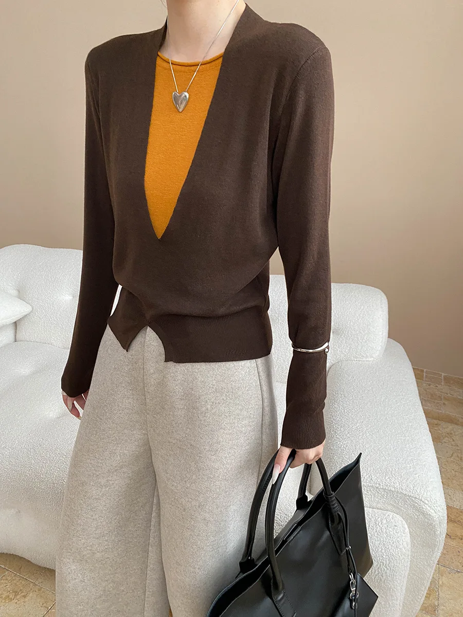 

Женский повседневный модный контрастный искусственный двухсекционный вязаный свитер для похудения, свитер