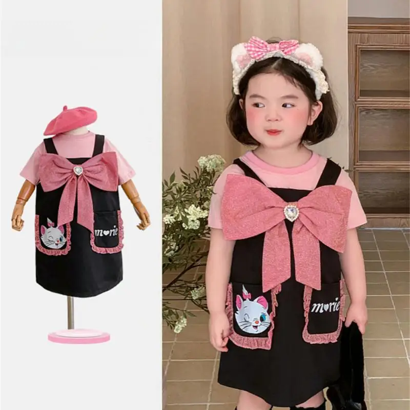 Anime Mary Cat Strap Dress Cartoon Cute Children's Fashion Printed Bow Dress Kawaii Outdoor Short-Sleeved Skirt 2-Piece Set