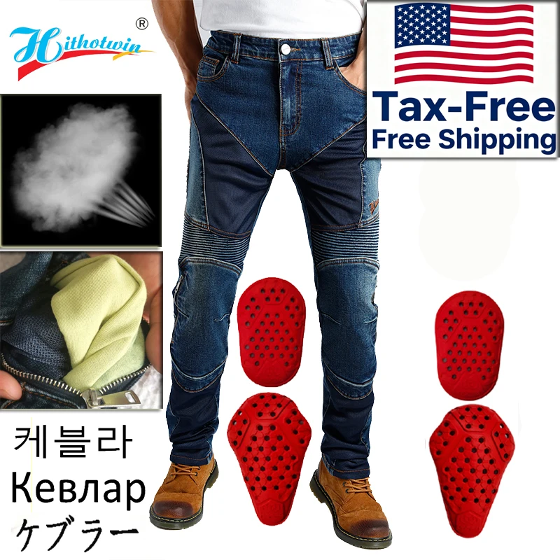 

Mens Summer Motorcycle Jeans Ventilated Mesh Panel Blue Denim Off Road Riding Pants with Knee Protection