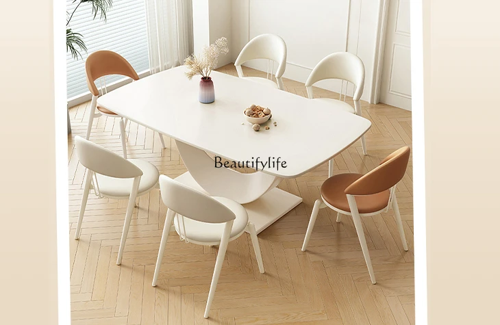 

White Cream Style Stone Plate Dining Tables and Chairs Set Rectangular Modern Minimalist