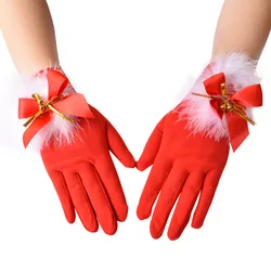 Red Christmas Gloves Feather Bowknot Exquisite Small Bells Women Fashion Christmas Gloves Women Full Finger Gloves Party Costume