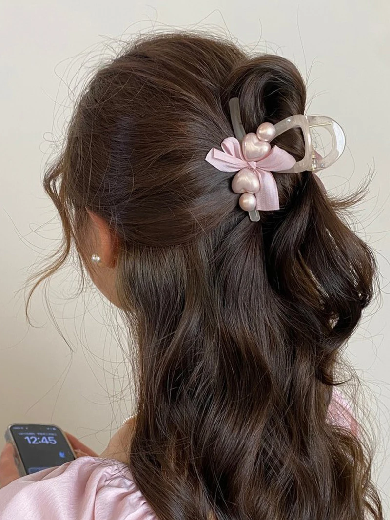 Tocado de garra de pelo de lazo de perla elegante, pasadores dulces de moda, Clip de tiburón Simple para mujeres y niñas, accesorios para el cabello de cola de caballo