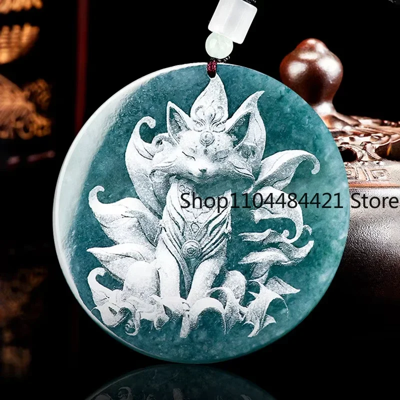 Natural Jadeite Blue Water Nine-tail Fox Pendant Shadow Carving Dragon Men's and Women's Jade Necklace Custom Exquisite Jewelry