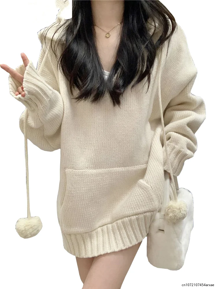 All Match Soft Hooded Sweater Women Pullovers Plush Ball Loose Winter Woman Sweater Jumpers 2023 New Solid Knitwear Tops