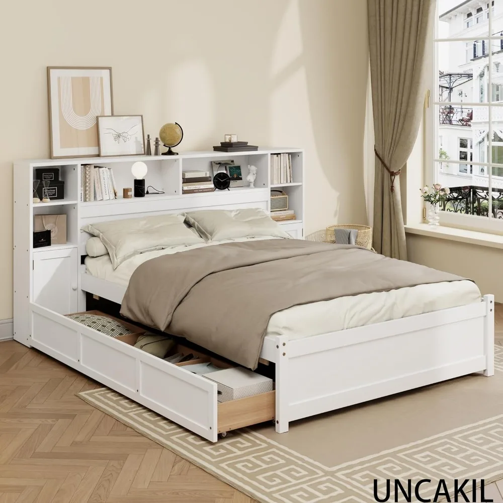 Cama alta de armazenamento de madeira com 6 gavetas, estação de carregamento para adolescentes e adultos, sem necessidade de molas