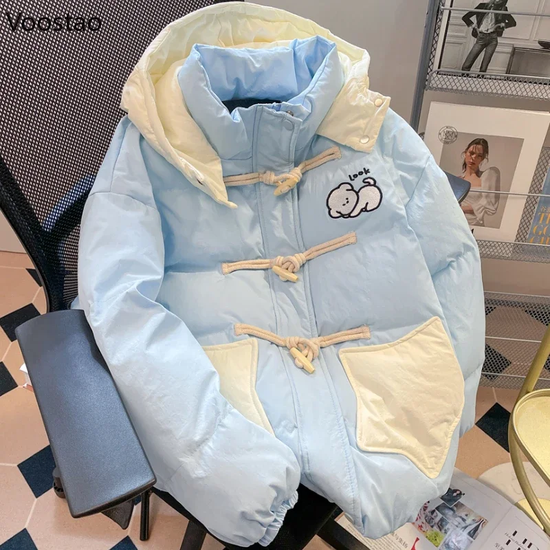 Autumn Winter Sweet Loose Parkas Jacket Women Cute Cartoon Puppy Embroidery Warm Hooded Padded Coat Female Casual Y2k Outerwear