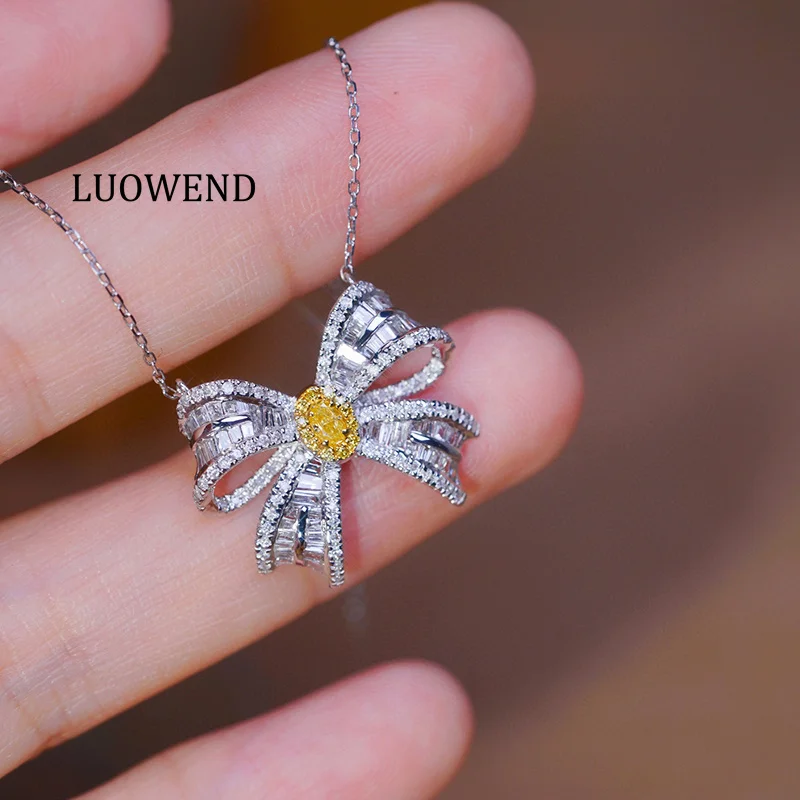 

LUOWEND 100% 18-каратное белое золотое ожерелье класса люкс в форме банта с натуральными желтыми бриллиантами для женщин, элитные свадебные украшения