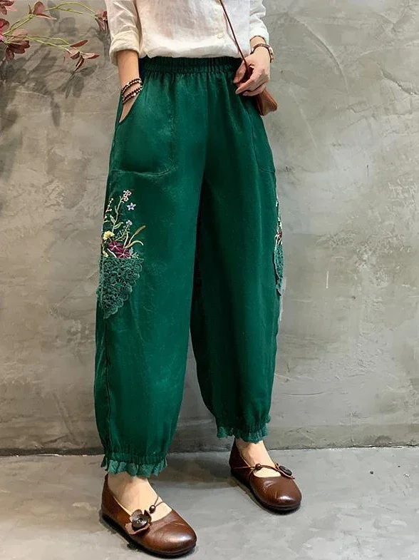 Cotton Linen Pants for Women 2024 Autumn Green Bloomers Capri Pants with Embroidery Harem Trousers High Waist Soft Lantern Pants