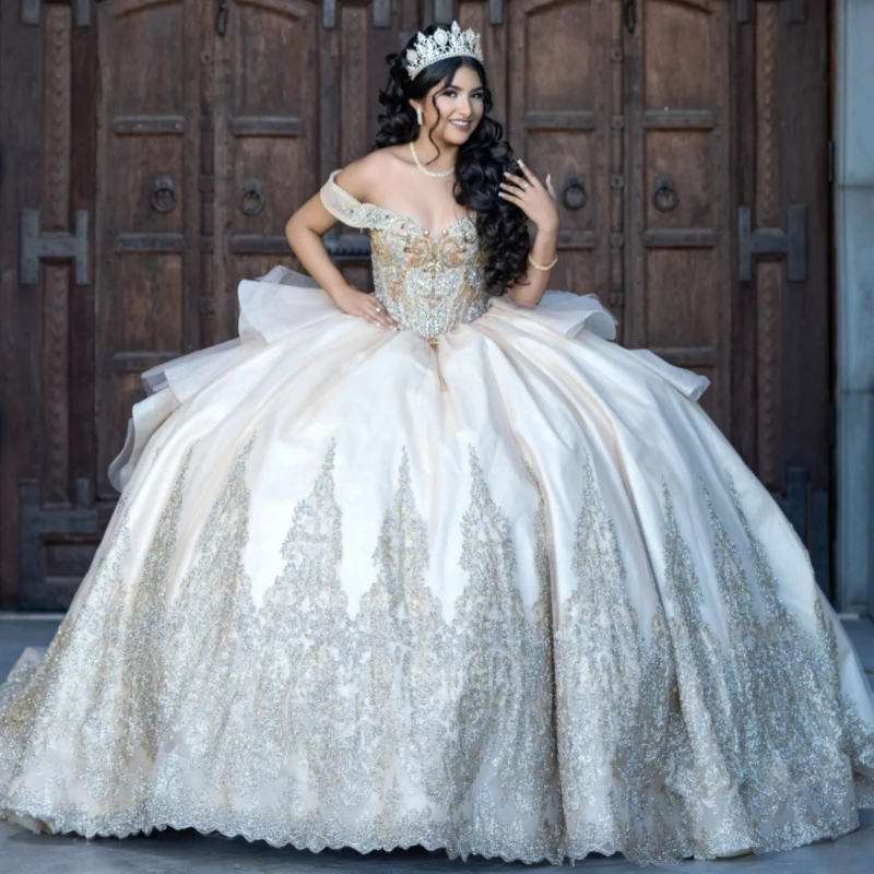 

Light Champagne Quinceanera Dresses Off Shoulder Ball Gown Sweet 16 Dress Applique Lace Beading Crystal Bow Corset Birthday
