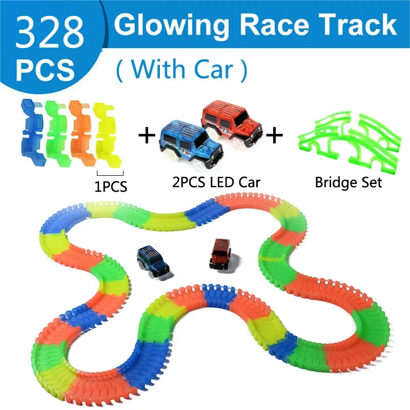 Ferrocarril mágico y brillante para niños, pista Flexible de carreras, carril curvo, Led, luz Flash electrónica, coche de juguete DIY, regalo para