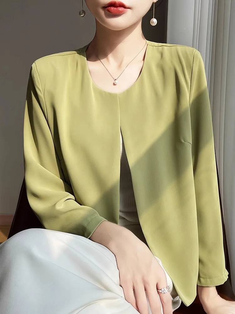 

Spring Green Acetate Short Casual Women's Suit Jacket round Neck Commute Style Thin Long Sleeve Ultra Short Length Coat