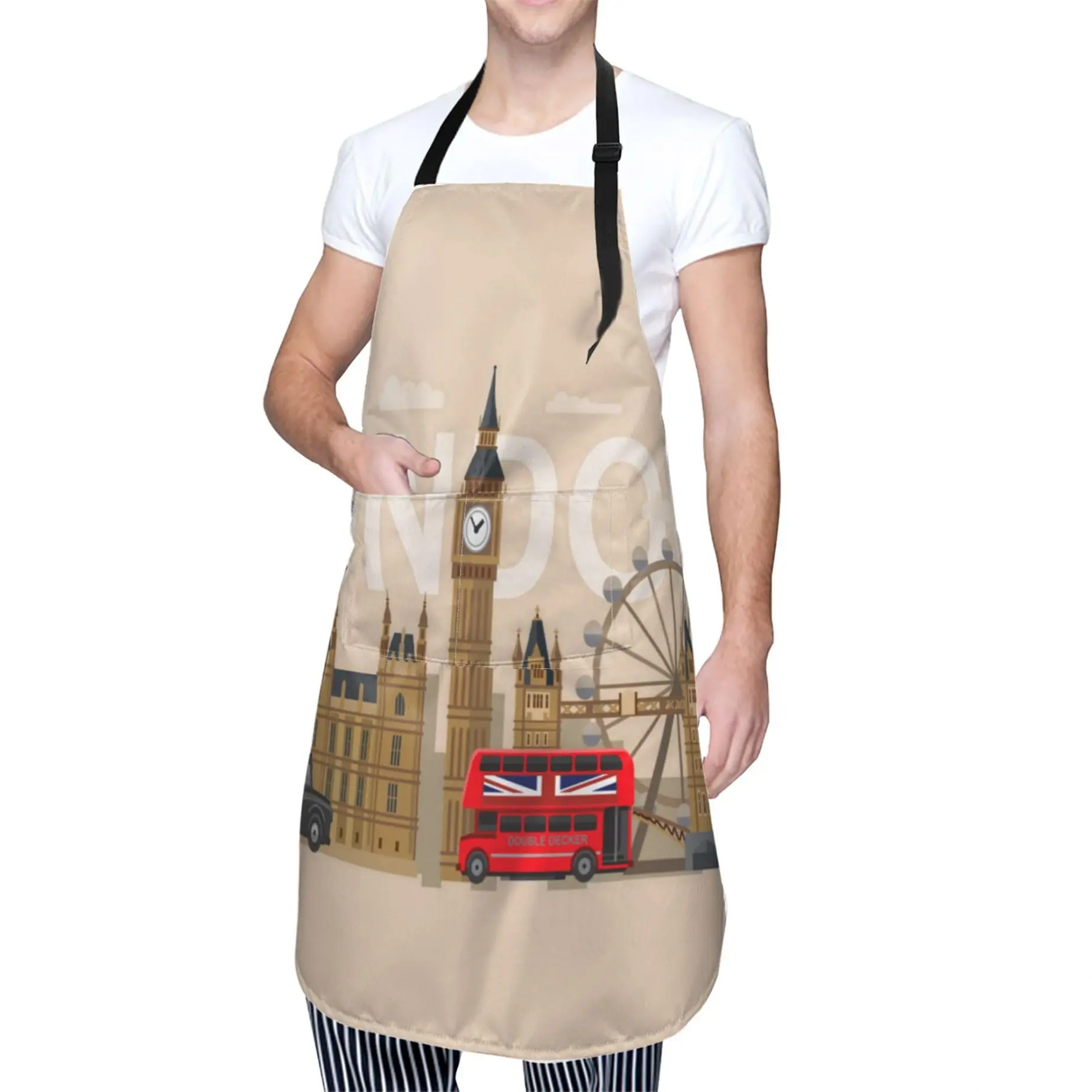 London Cooking Apron With Pockets,Famous Britain Landmarks Monuments Art Pattern Oxford Cloth Kitchen Apron