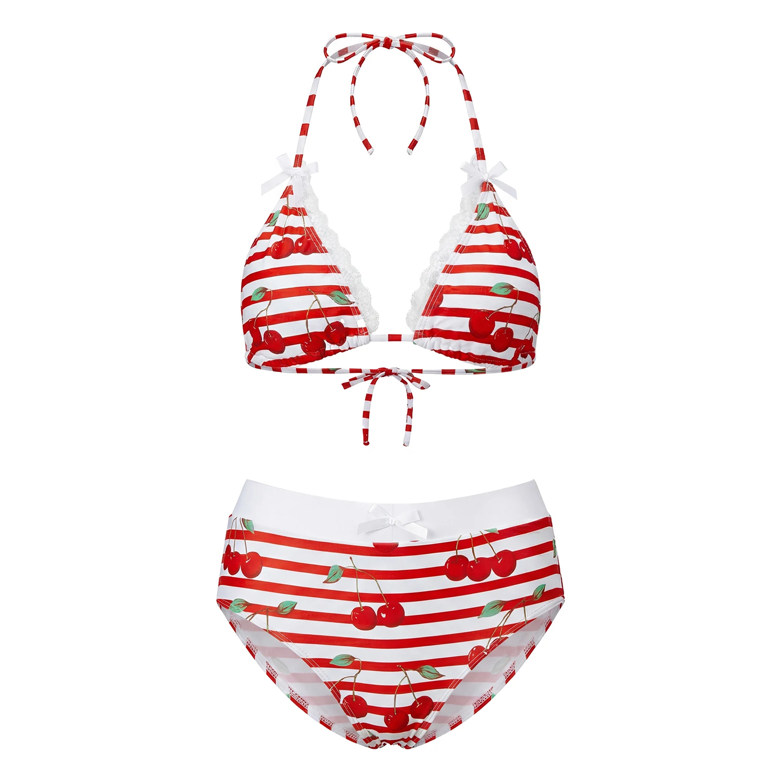 

Women Striped Bikini Set Summer Swimwear Casual Cherry Print Beachwear Halter Bra With Bottom Summer Brazilian 2Pcs Bathing Suit
