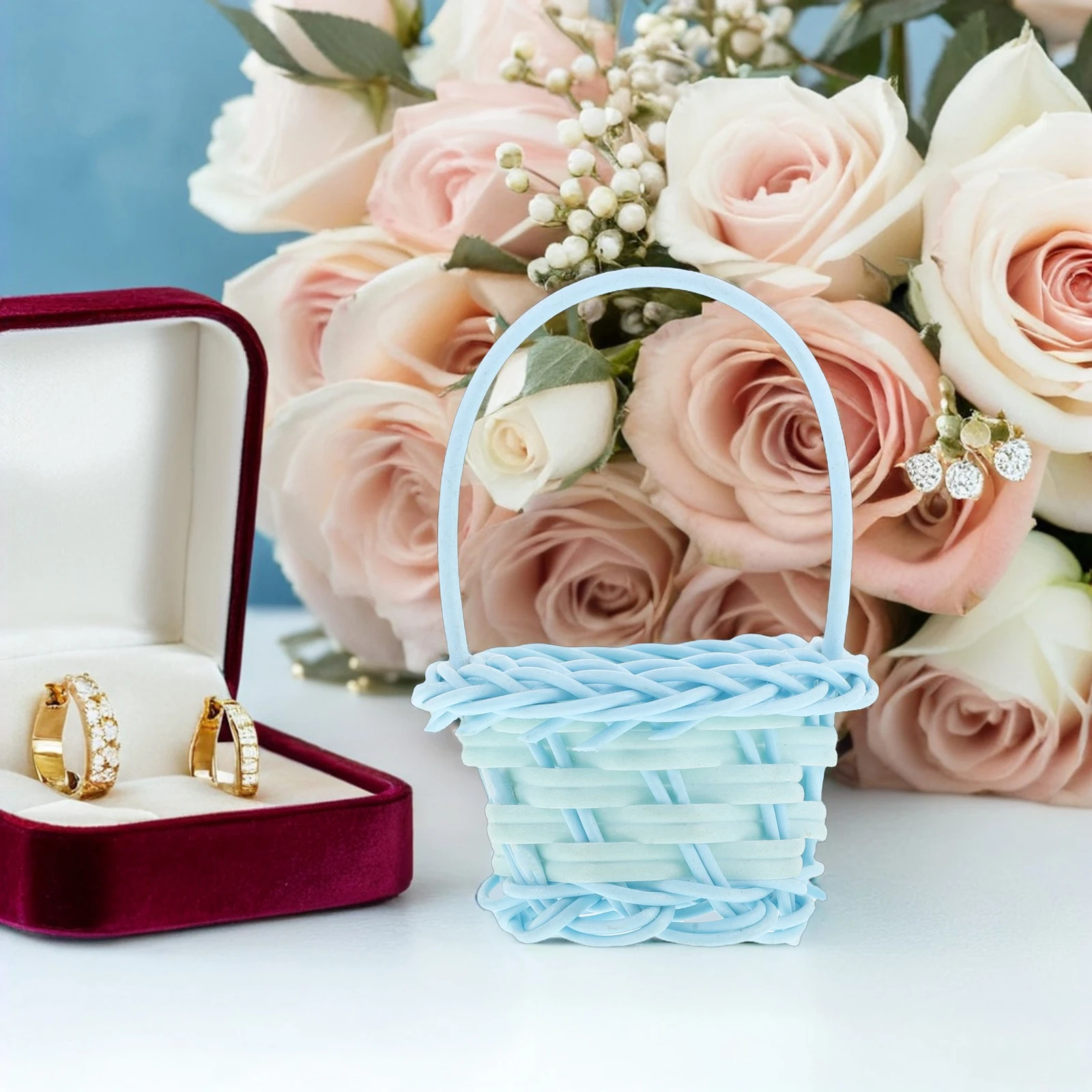 

10 Pcs Hand-woven Flower Basket Fruit Flowers Blue for Sky-blue with Handle Bride