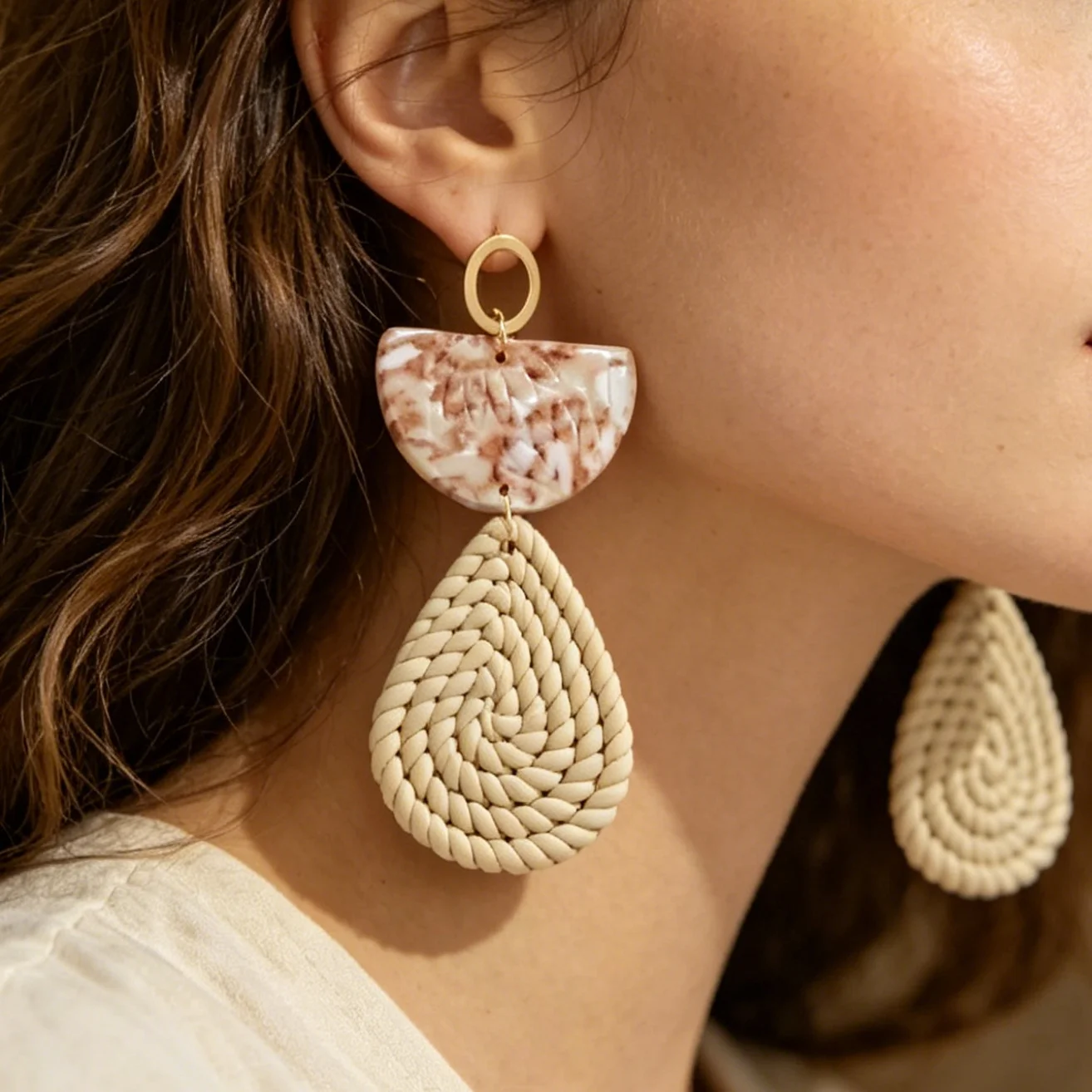 Assorted Boho Marbled Woven Geometric Earrings Arch Teardrop Rattan Style Drop Lightweight Unique Handmade Style Jewelry
