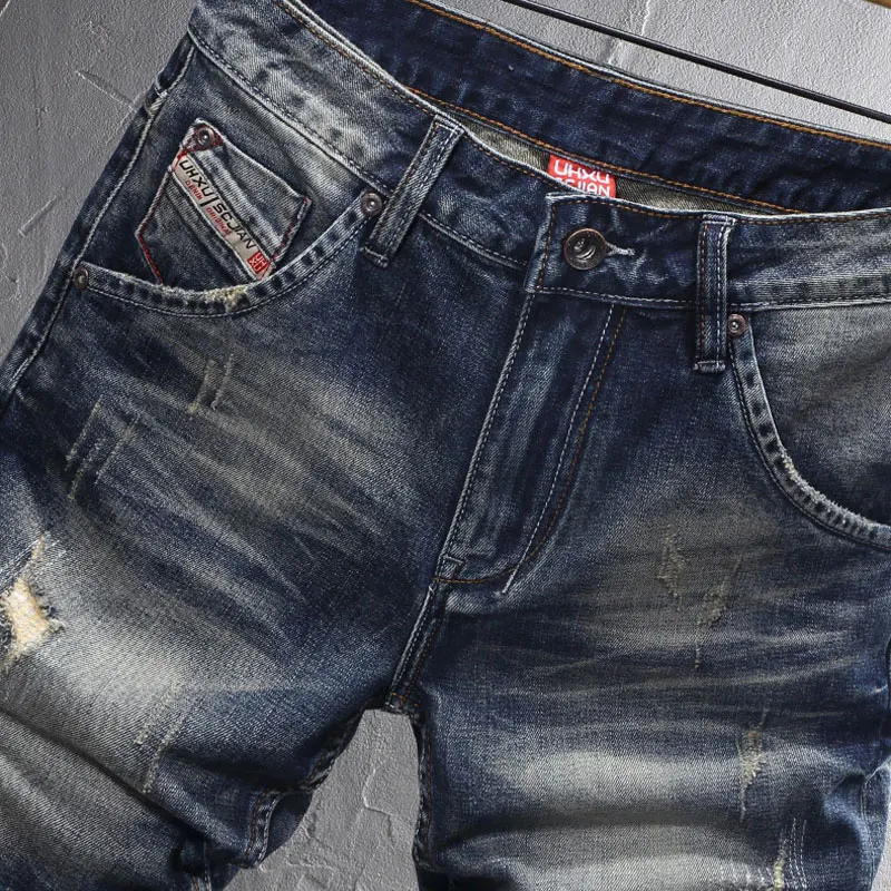 Fashion Designer Men Jeans High Quality Retro Washed Blue Stretch Ripped Short Jeans Summer Vintage Designer Denim Shorts Men