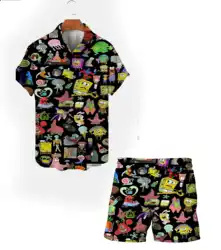 Beach casual Harajuku 2024 new summer Spongebob cartoon men's short-sleeved shirt suit street style fashion suit y2k