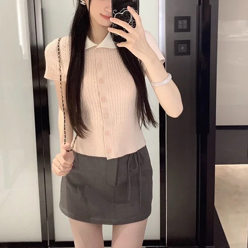 

Knit Short Sleeve Cardigan For Women Teen-girl Pink Collared Button Front Crop Top Summer Shoujo Girl Y2k Outfit