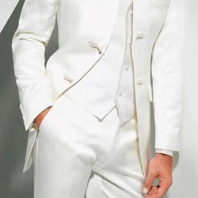 Trajes de túnica larga blanca Vintage para hombre, esmoquin de boda para novio con cuello levantado, conjunto de traje de moda para hombre de 3 piezas, chaqueta, chaleco y pantalones