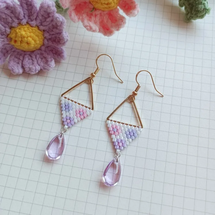 Rice bead earrings Triangle Originality Crystal Sea shell Mermaid Design Hand knitting Bohemia Alloy Fashion  Beaded earrings