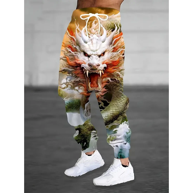 

Men's casual sports pants with ankle binding, drawstring waist, Brave Dragon 3D printing, winter warmth,fashionable street pants