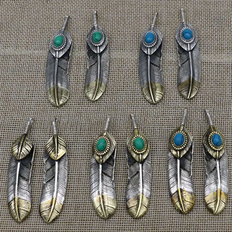 925 Sterling Silver Turquoise Dotted Gold Feather Necklace Retro Worn Combination Set with Minimalist Accessories