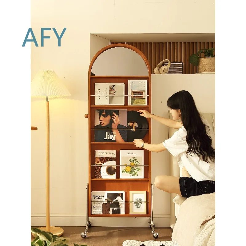Solid Wood Antique Movable Rotating Full Length Mirror for Home Decor Living Room Bedroom Hallway Retro Floor Standing Mirror