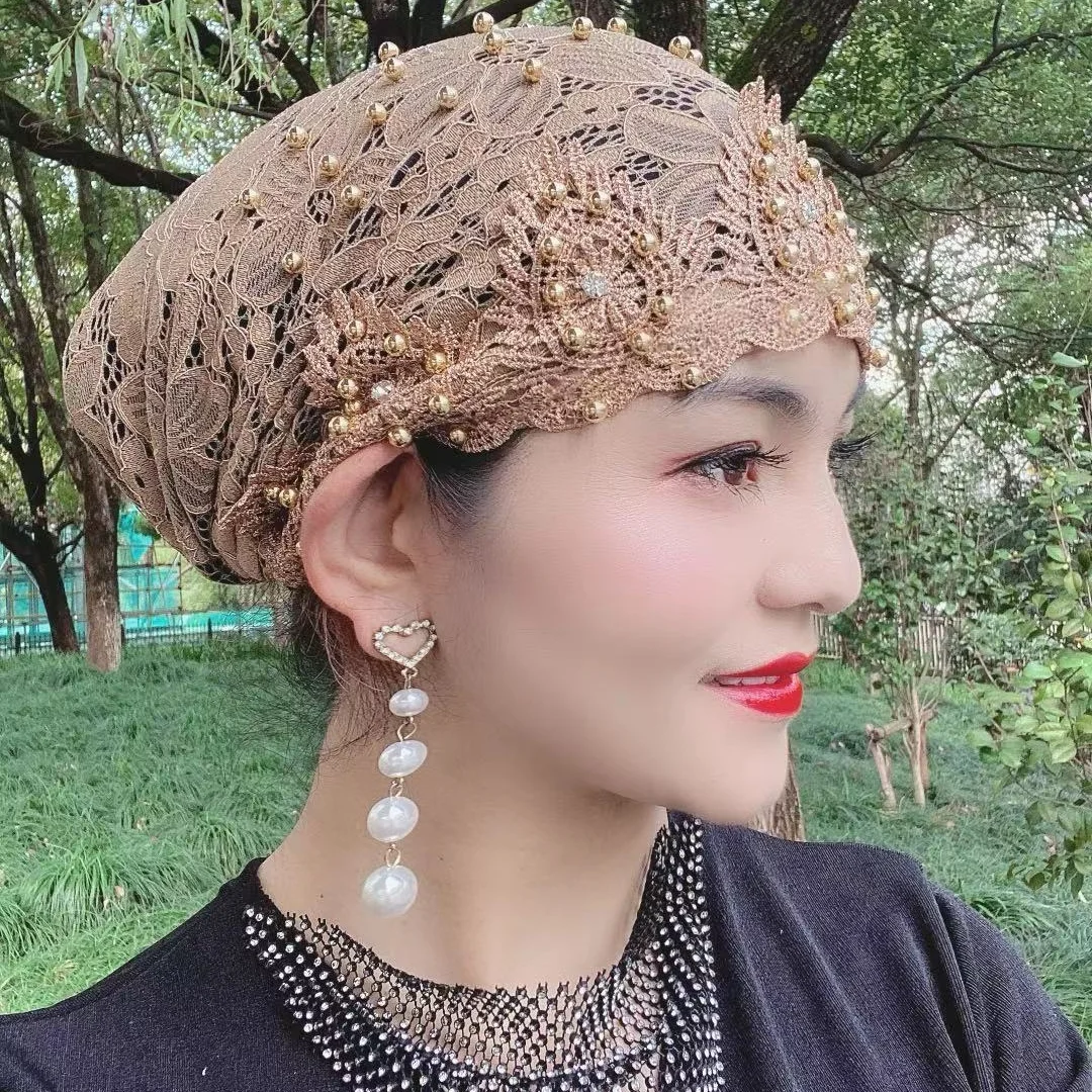 

Muslim Women Lace Beading Turban Hat Decoration Gift Headscarf Hats Beautiful Shine Ornament Headwrap