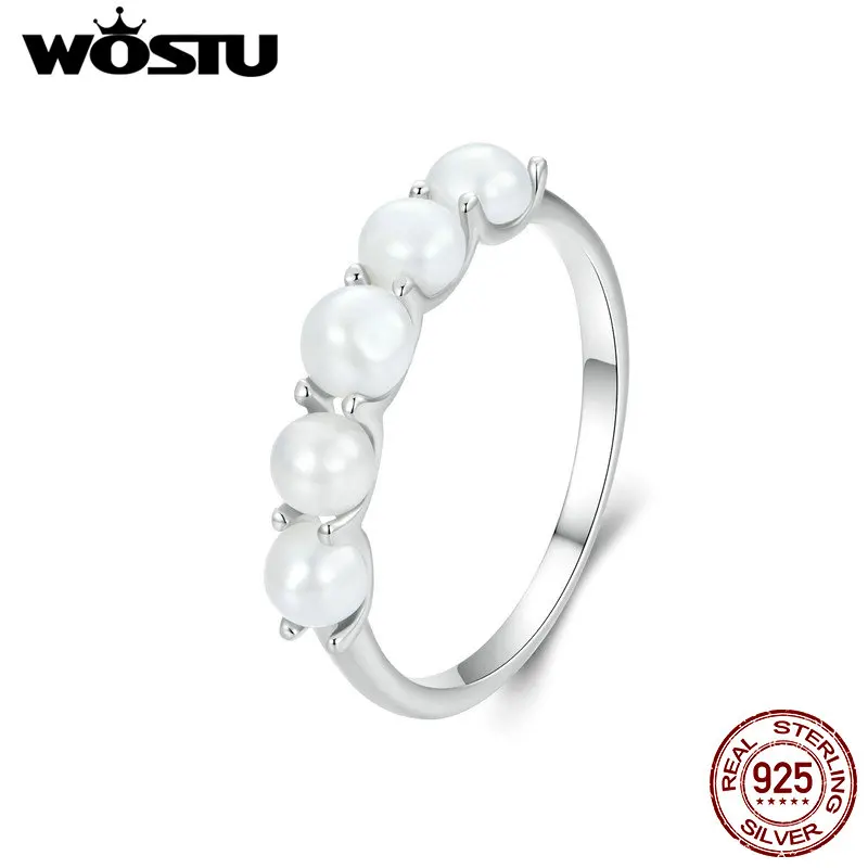 WOSTU 925 Sterling Silver Natural Pearl Stacktable Ring 5 Waterfresh Beads Mounted for Women Party Gift Original Fine Jewelry