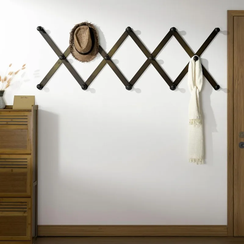 Wooden Wall Hat Rack, Large Accordion Wall Hanger, Expandable Coat Rack Wall Mounted, 14 Peg, Dark Walnut