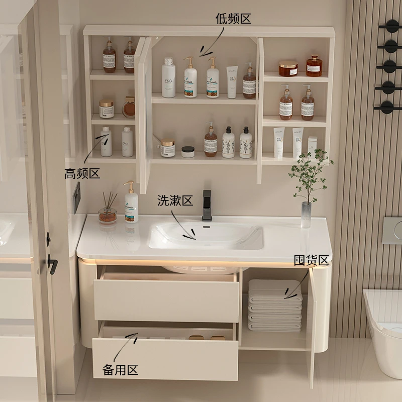 Armario de baño con espejo feng shui plegable, lavabo integrado de cerámica, inodoro de viento crema