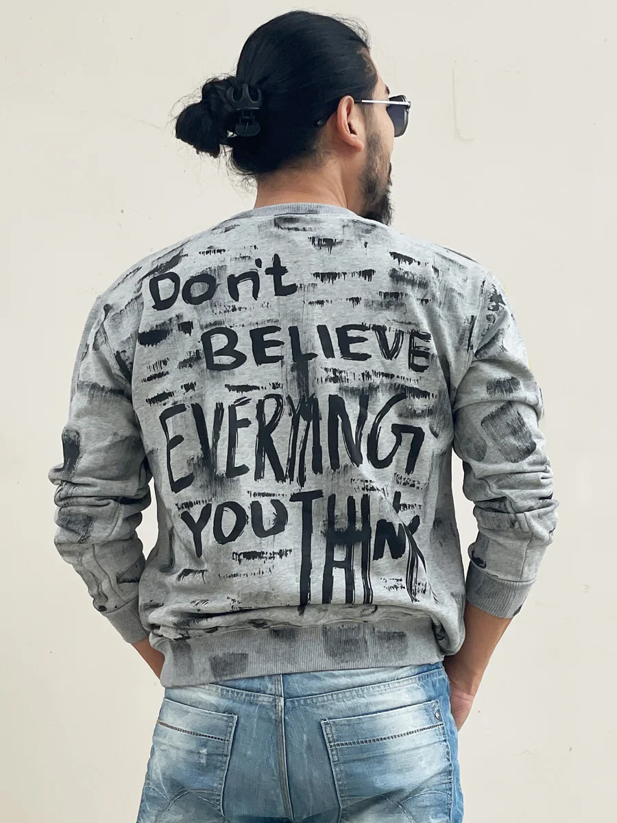 Retro American Hand-Painted Graffiti Washed out Distressed Spray Ink Lettering Slacker Fashion Trend round Neck Pure Cotton H...