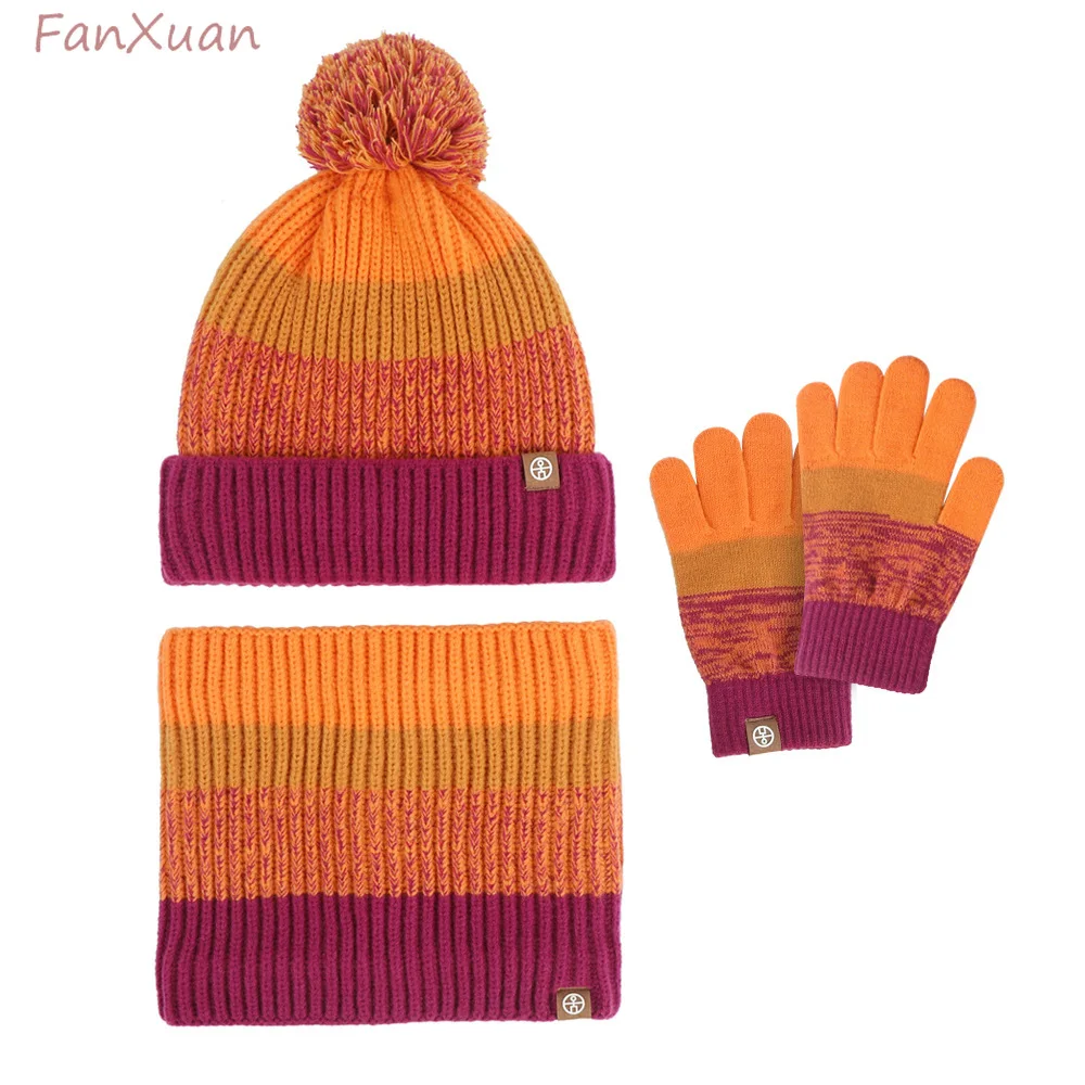 

boys girls winter hats scarf gloves set 3pcs knitting striped beanies snood fleece-lined thickened children winter hat sets kids
