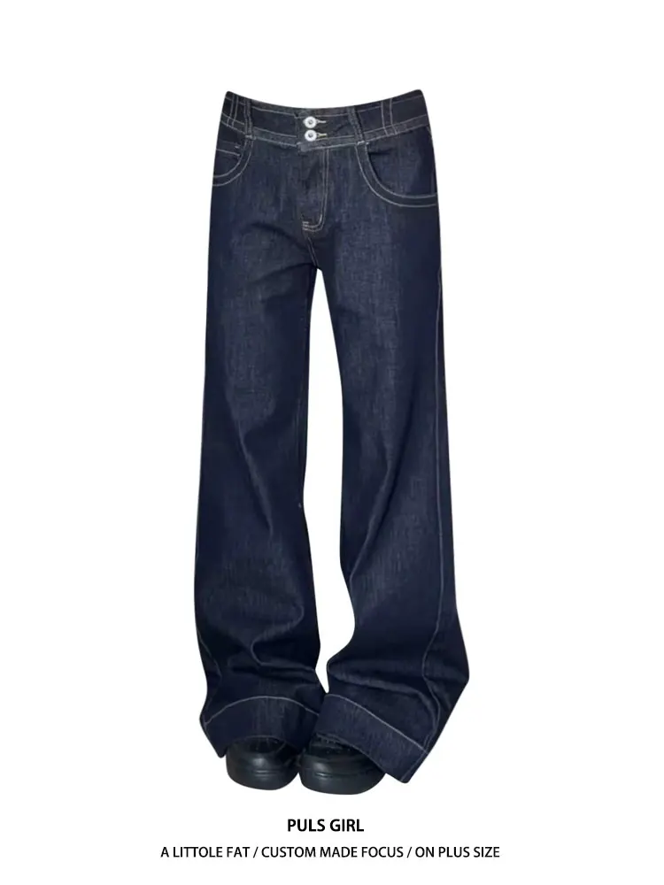 

High Waist Straight Leg Women's Jeans Double Buckle Design Vintage Washed Loose Fit Casual Pants for plus Size Ladies