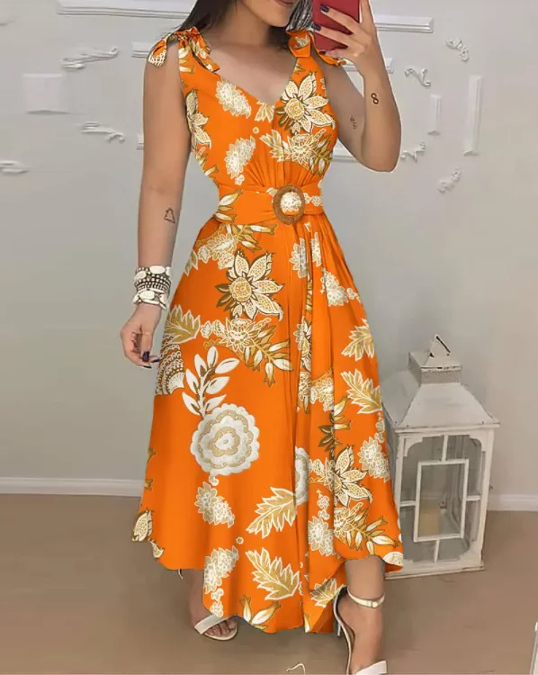 Vestido largo con estampado Floral para mujer, traje informal con cinturón y detalle atado, moda de verano, nuevo estilo