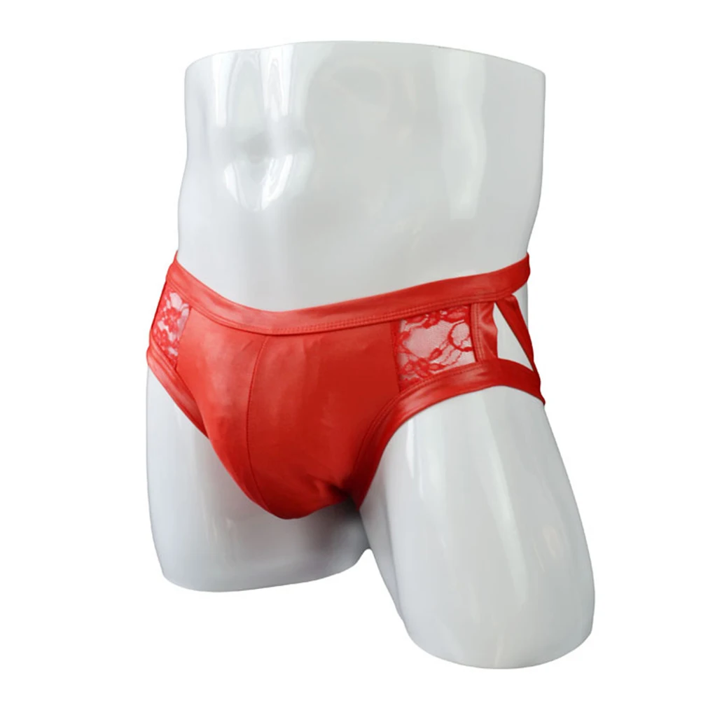 

Mens Sexy See Through Lace Underpants Faux Leather Convex Pouch Panties Hollow Mini Bikini Briefs Seductive Erotic Lingerie