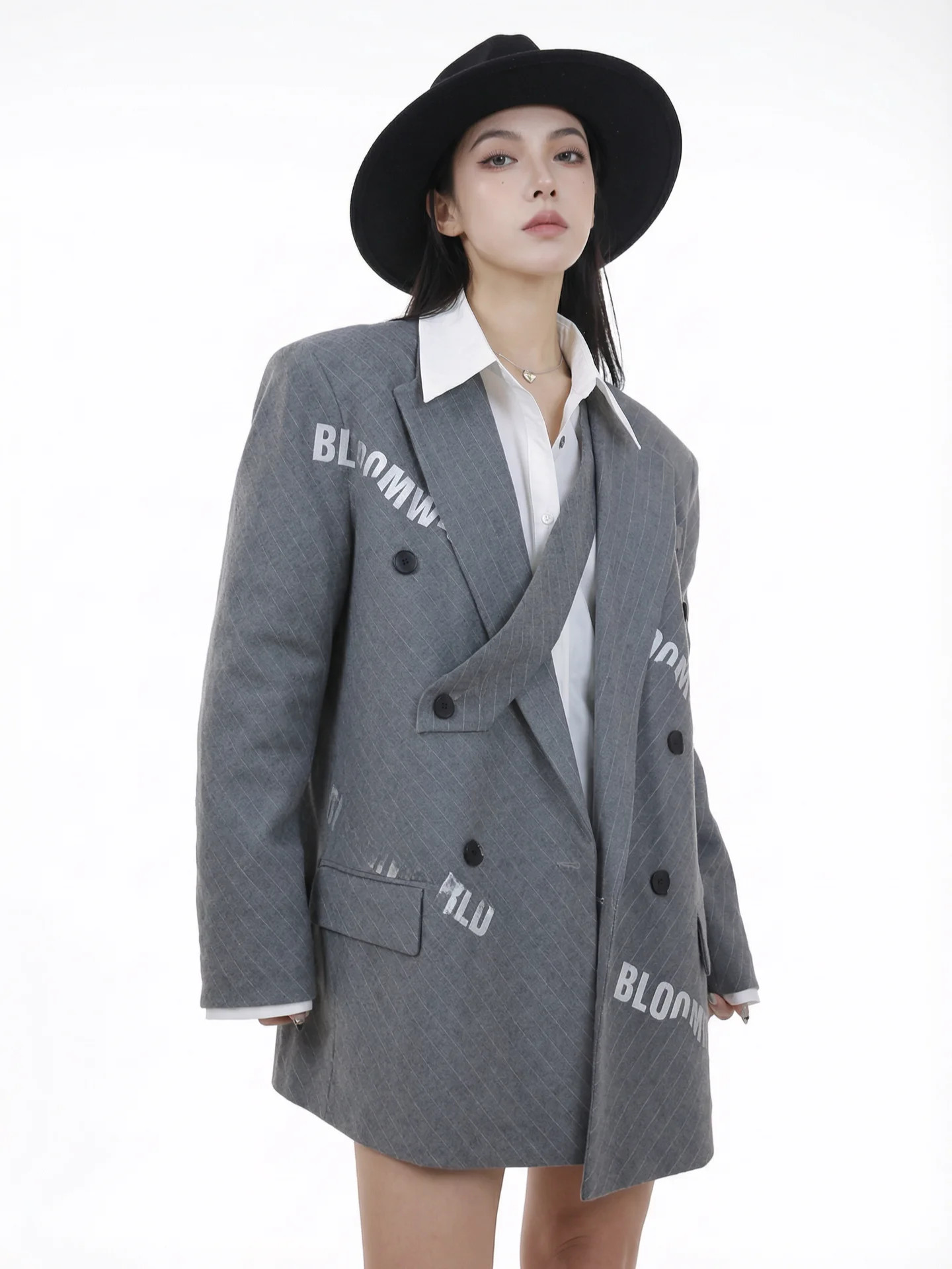 

High nce Sensation Women's Loose Striped Plaid Suit Jaet BLOOM WORLD Original Design Pure Cotton Office Wear